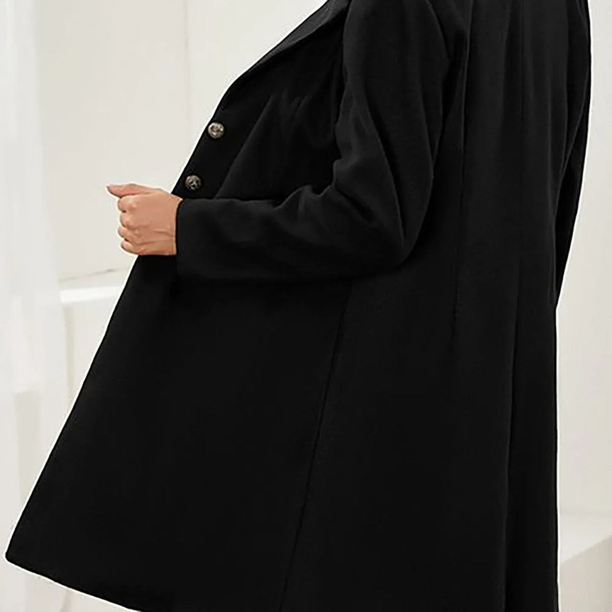 Women's Long Button Coat with Wide Notched Lapels - Black