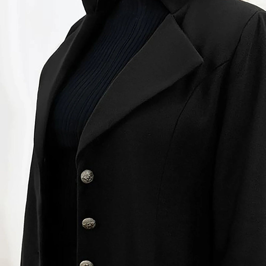 Women's Long Button Coat with Wide Notched Lapels - Black