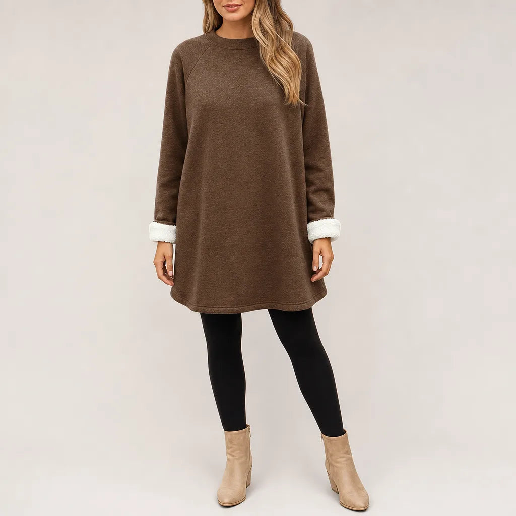 Women's Long Crewneck Tunic with Straight Hem - Brown