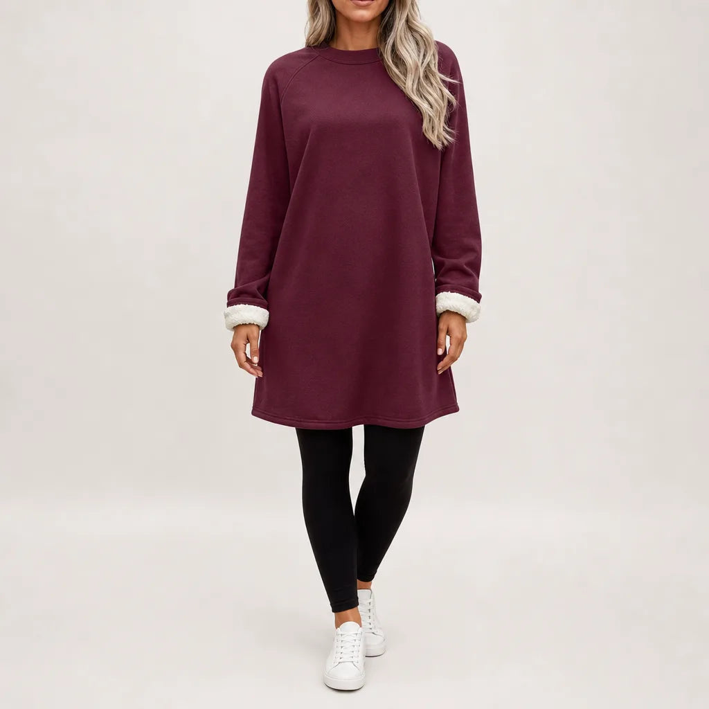 Women's Long Crewneck Tunic with Straight Hem - Red