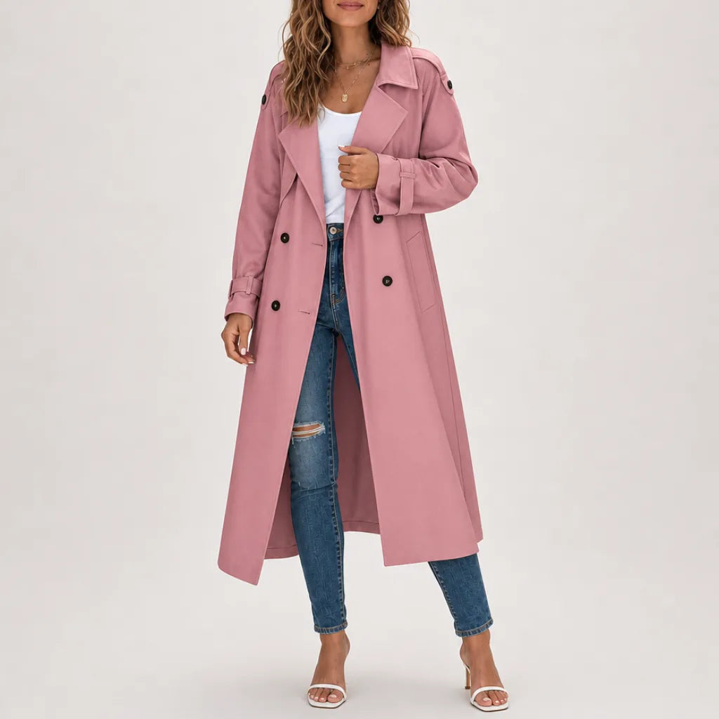 Women's Long Double Breasted Coat with Shoulder Tabs - Pink