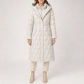 Women's Long Hooded Quilted Coat with Curved Panel Lines - Beige