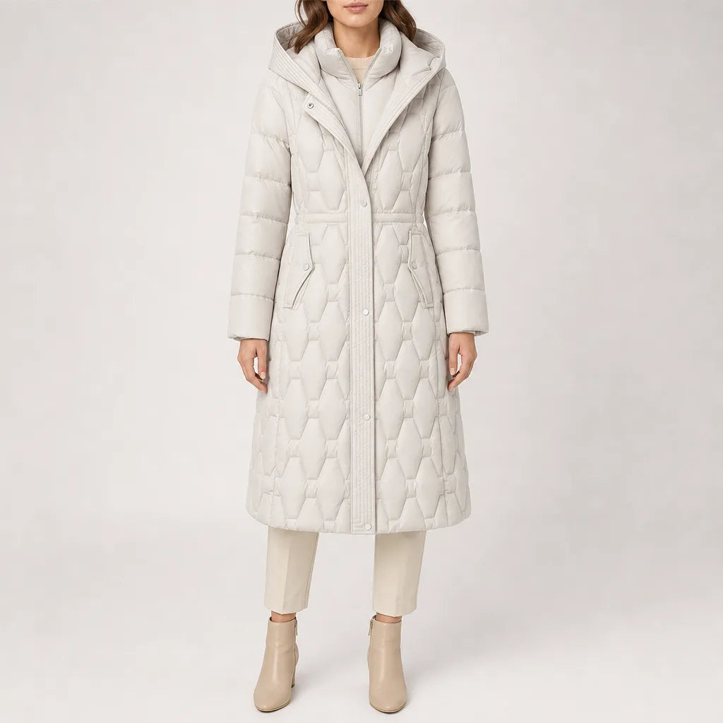 Women's Long Hooded Quilted Coat with Curved Panel Lines - Beige