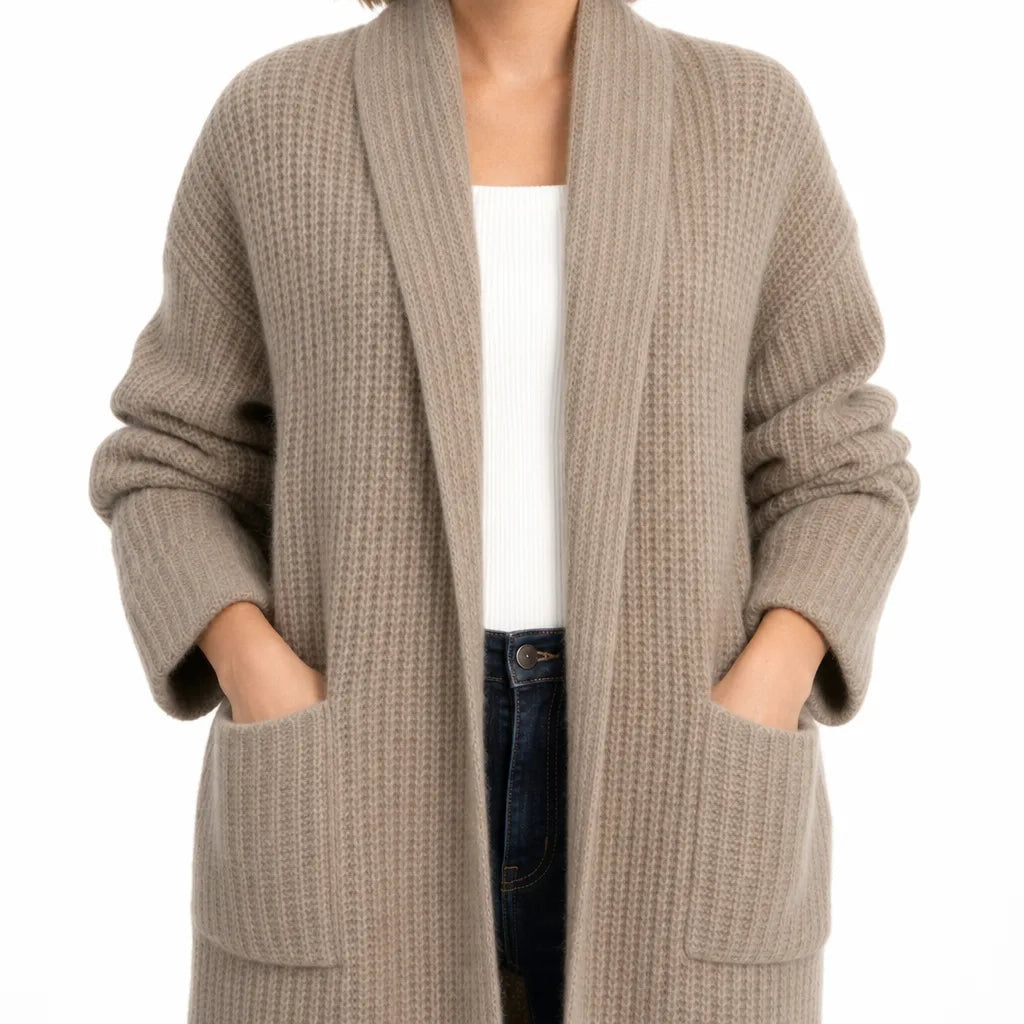 Women's Long Open Front Cardigan with Patch Pockets - Brown