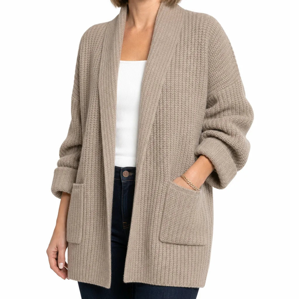 Women's Long Open Front Cardigan with Patch Pockets - Brown
