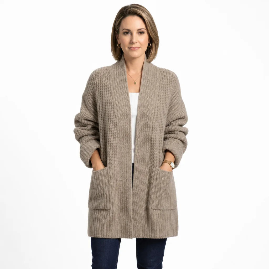 Women's Long Open Front Cardigan with Patch Pockets - Brown