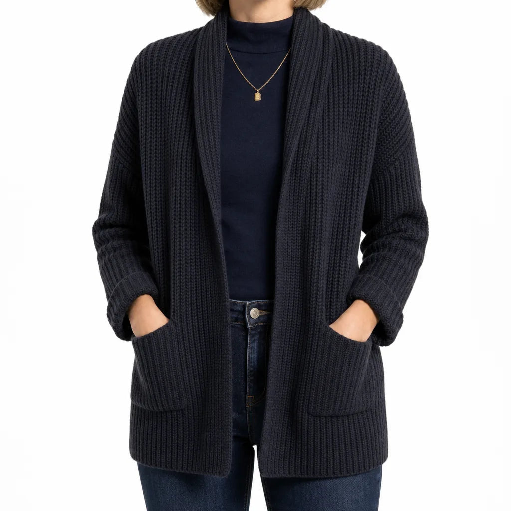 Women's Long Open Front Cardigan with Patch Pockets - Black