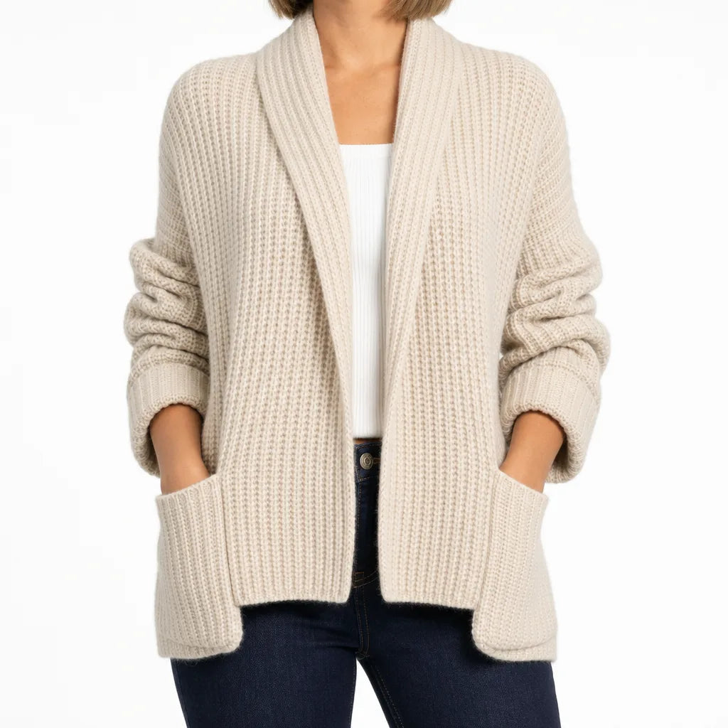 Women's Long Open Front Cardigan with Patch Pockets - Beige