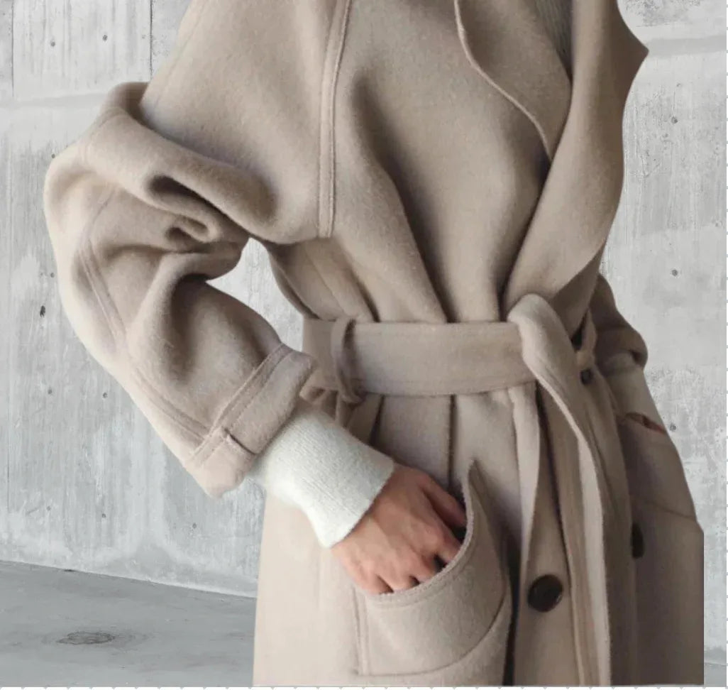 Women's Long Single Breasted Coat with Wide Lapels - Beige