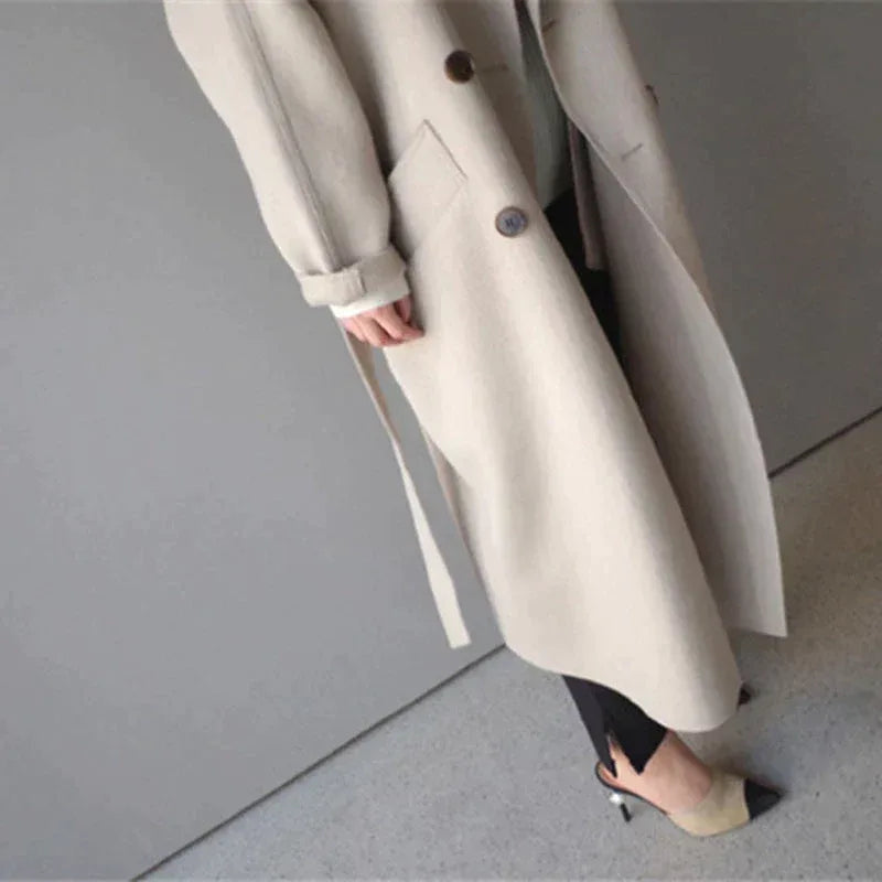 Women's Long Single Breasted Coat with Wide Lapels - Beige