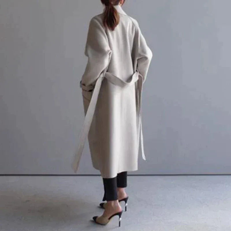 Women's Long Single Breasted Coat with Wide Lapels - Beige