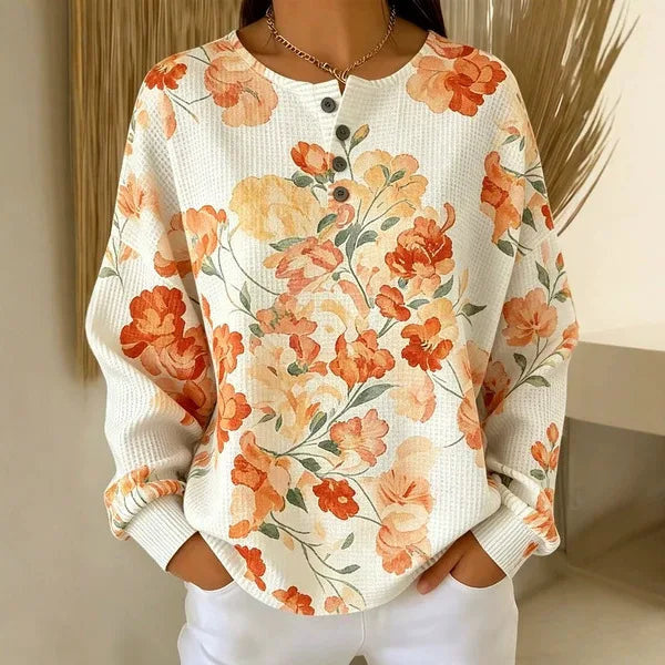 Women's Long Sleeve Pullover with Ribbed Cuffs - Floral