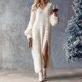 Women's Long Sweater Dress with Side Button Detail - White