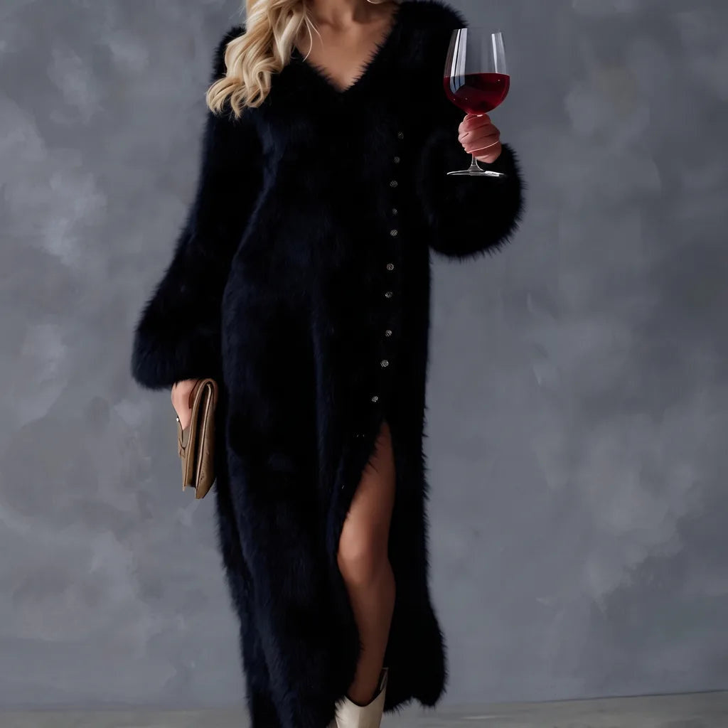 Women's Long Sweater Dress with Side Button Detail - Black