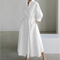 Women's Long Wrap Dress with Shirt Collar and Tie Waist - White