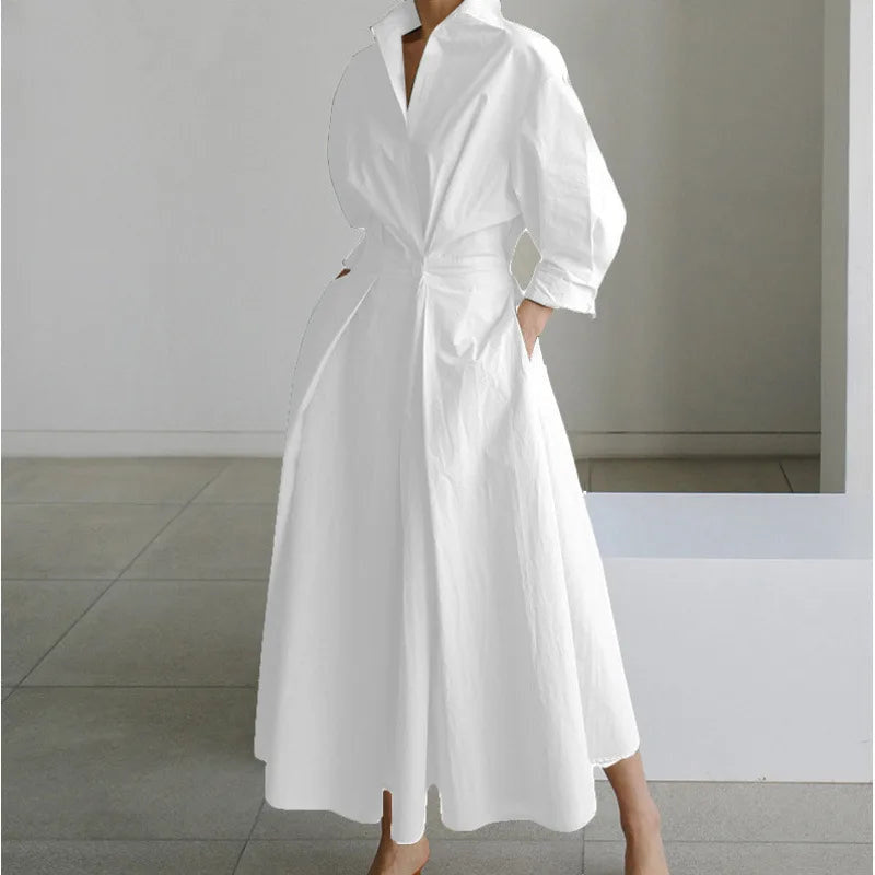 Women's Long Wrap Dress with Shirt Collar and Tie Waist - White