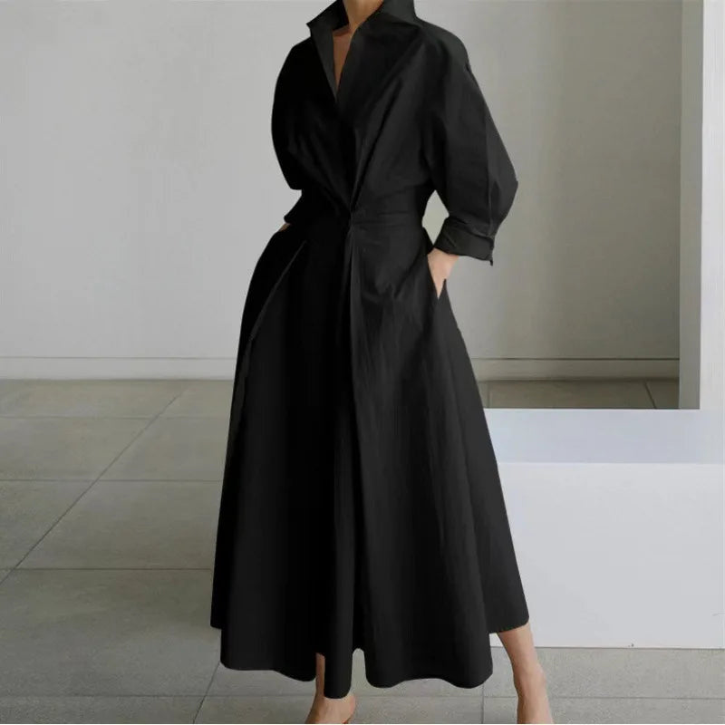 Women's Long Wrap Dress with Shirt Collar and Tie Waist - Black