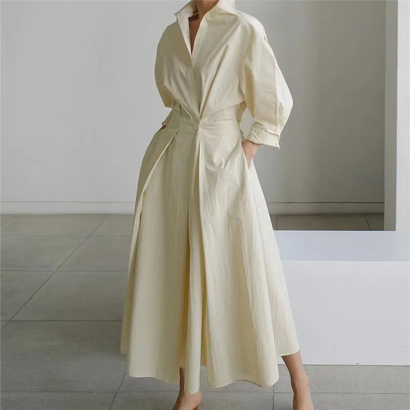 Women's Long Wrap Dress with Shirt Collar and Tie Waist - Apricot