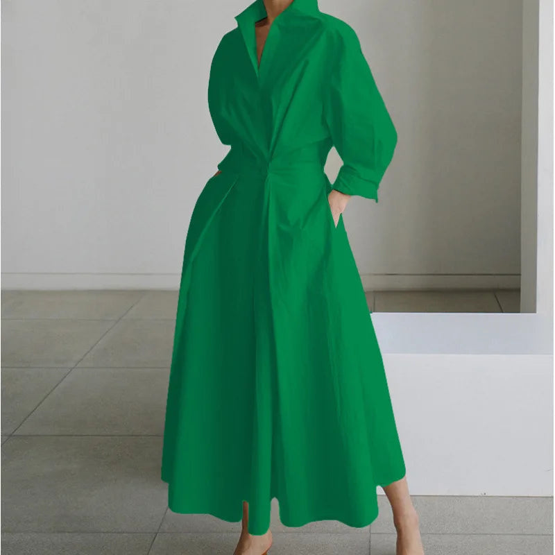 Women's Long Wrap Dress with Shirt Collar and Tie Waist - Green