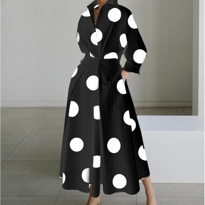 Women's Long Wrap Dress with Shirt Collar and Tie Waist - Black Polka