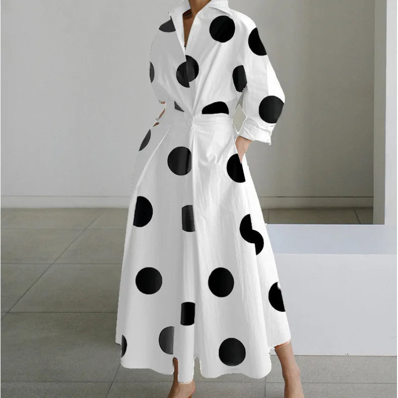 Women's Long Wrap Dress with Shirt Collar and Tie Waist - White Polka