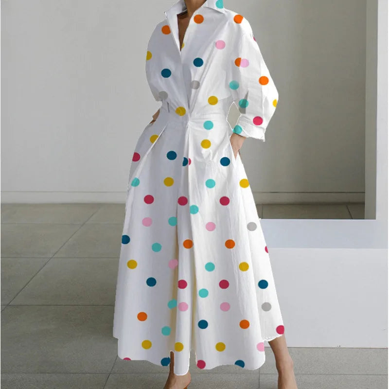 Women's Long Wrap Dress with Shirt Collar and Tie Waist - Rainbow Polka