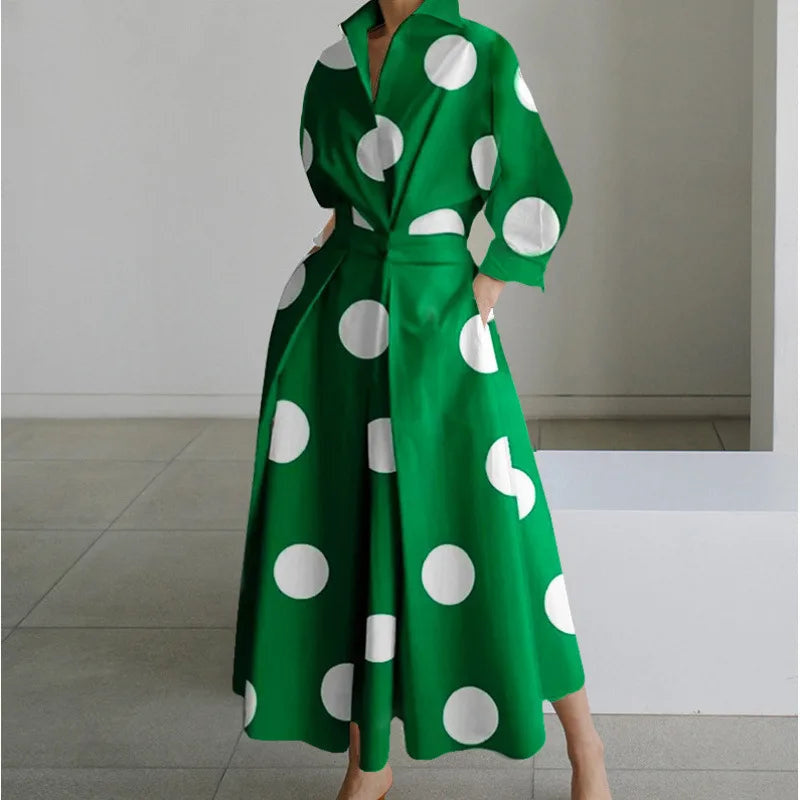 Women's Long Wrap Dress with Shirt Collar and Tie Waist - Green Polka