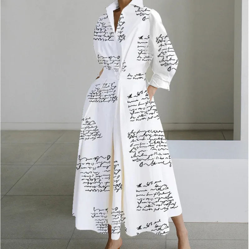 Women's Long Wrap Dress with Shirt Collar and Tie Waist - White Letter
