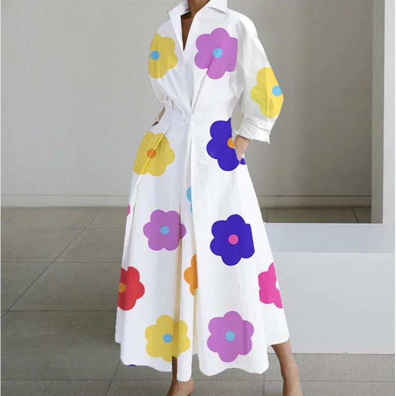 Women's Long Wrap Dress with Shirt Collar and Tie Waist - White Flower