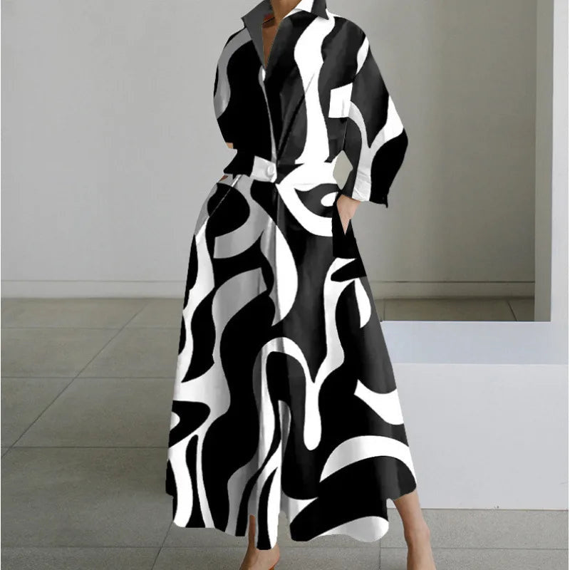 Women's Long Wrap Dress with Shirt Collar and Tie Waist - Black Stripe