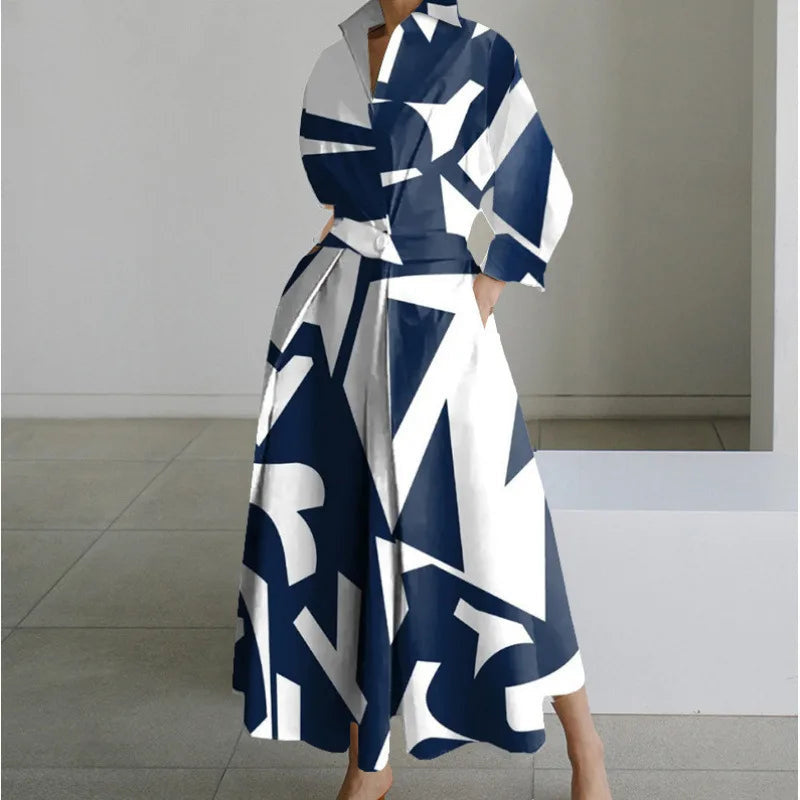 Women's Long Wrap Dress with Shirt Collar and Tie Waist - Blue Stripe