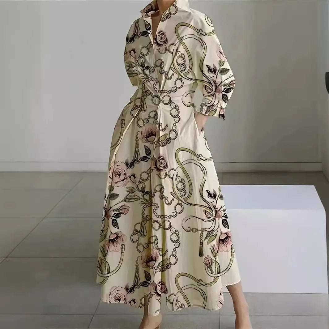 Women's Long Wrap Dress with Shirt Collar and Tie Waist - Gold Chain