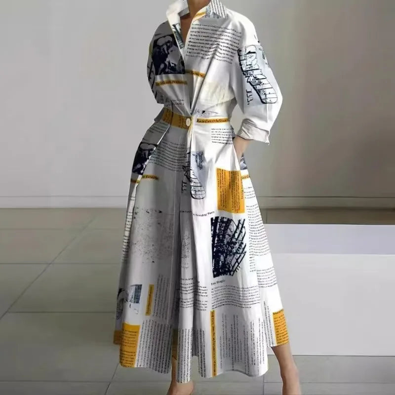 Women's Long Wrap Dress with Shirt Collar and Tie Waist - Yellow Newspaper
