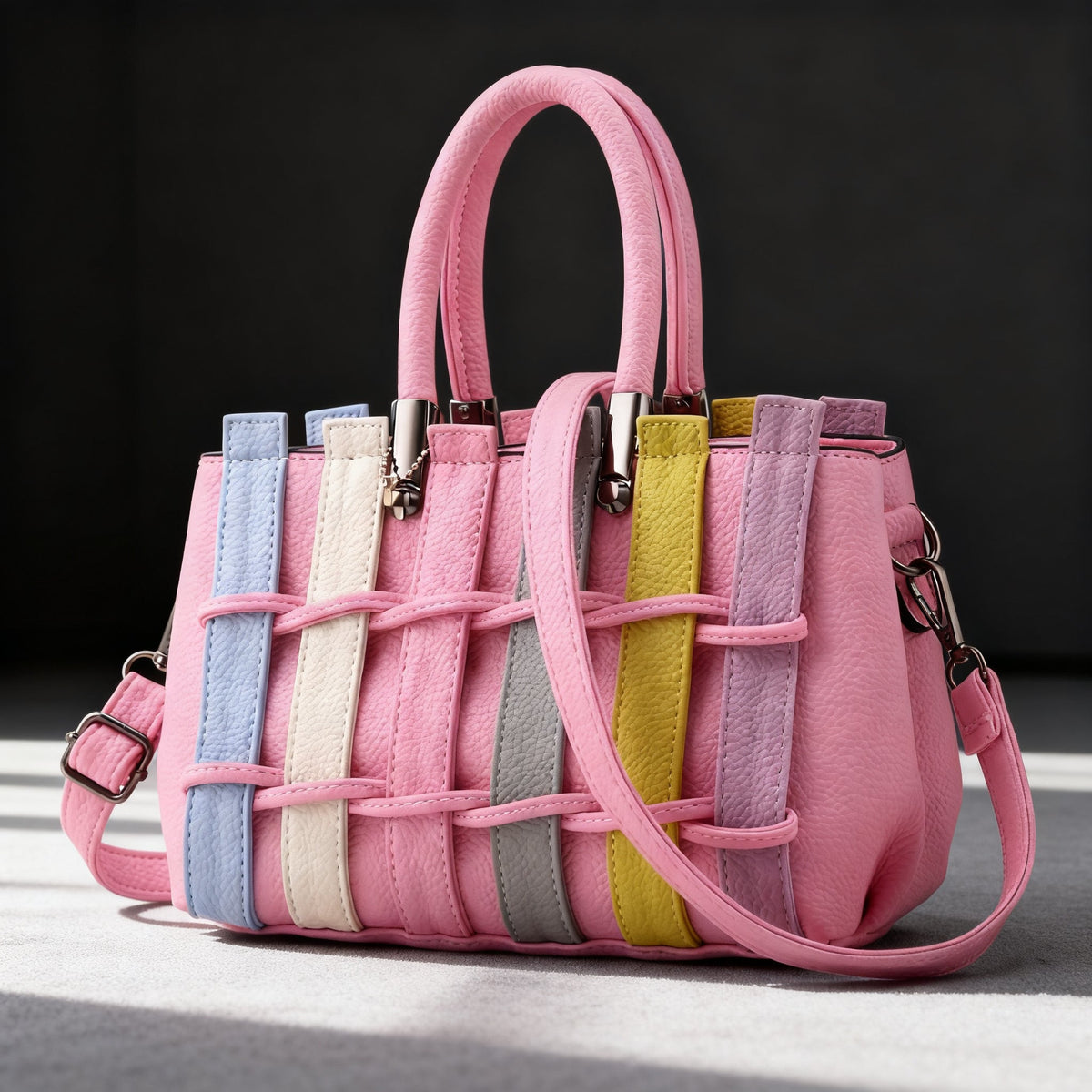 Women's Multicolor Panel Handbag with Twin Top Handles - Pink