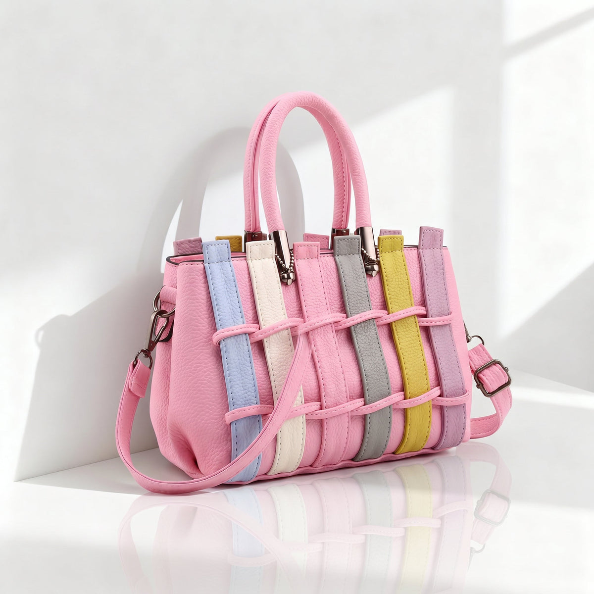 Women's Multicolor Panel Handbag with Twin Top Handles - Pink