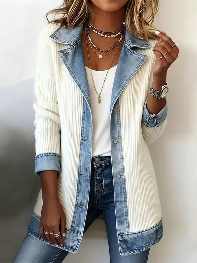 Women's Open Front Jacket with Contrast Collar and Edges - White