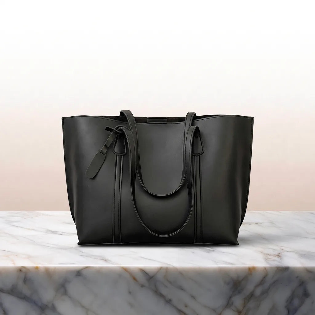 Women's Open Top Tote Bag with Knotted Handle Detail - Black