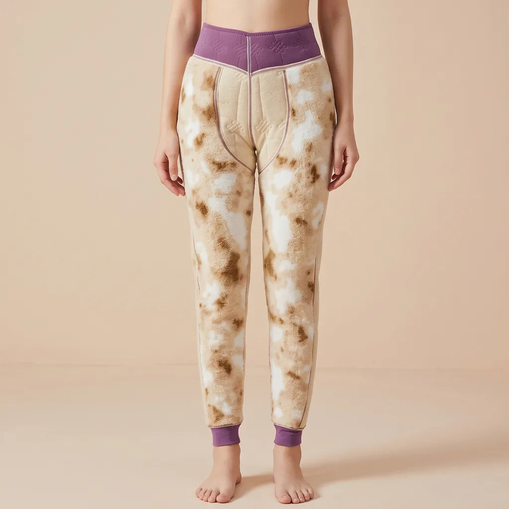 Women's Patterned Cuffed Pants with Contrast Waistband - Purple