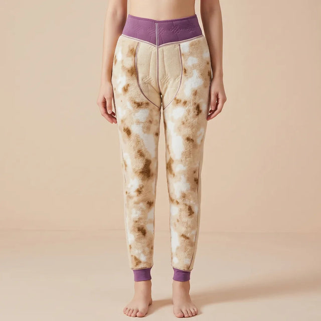 Women's Patterned Cuffed Pants with Contrast Waistband - Purple