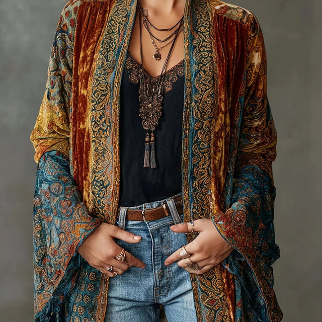 Women's Patterned Open Front Jacket with Wide Sleeves - Burgundy