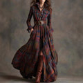 Women's Plaid Belted Long Shirt Dress with Chest Pockets - Dark Brown