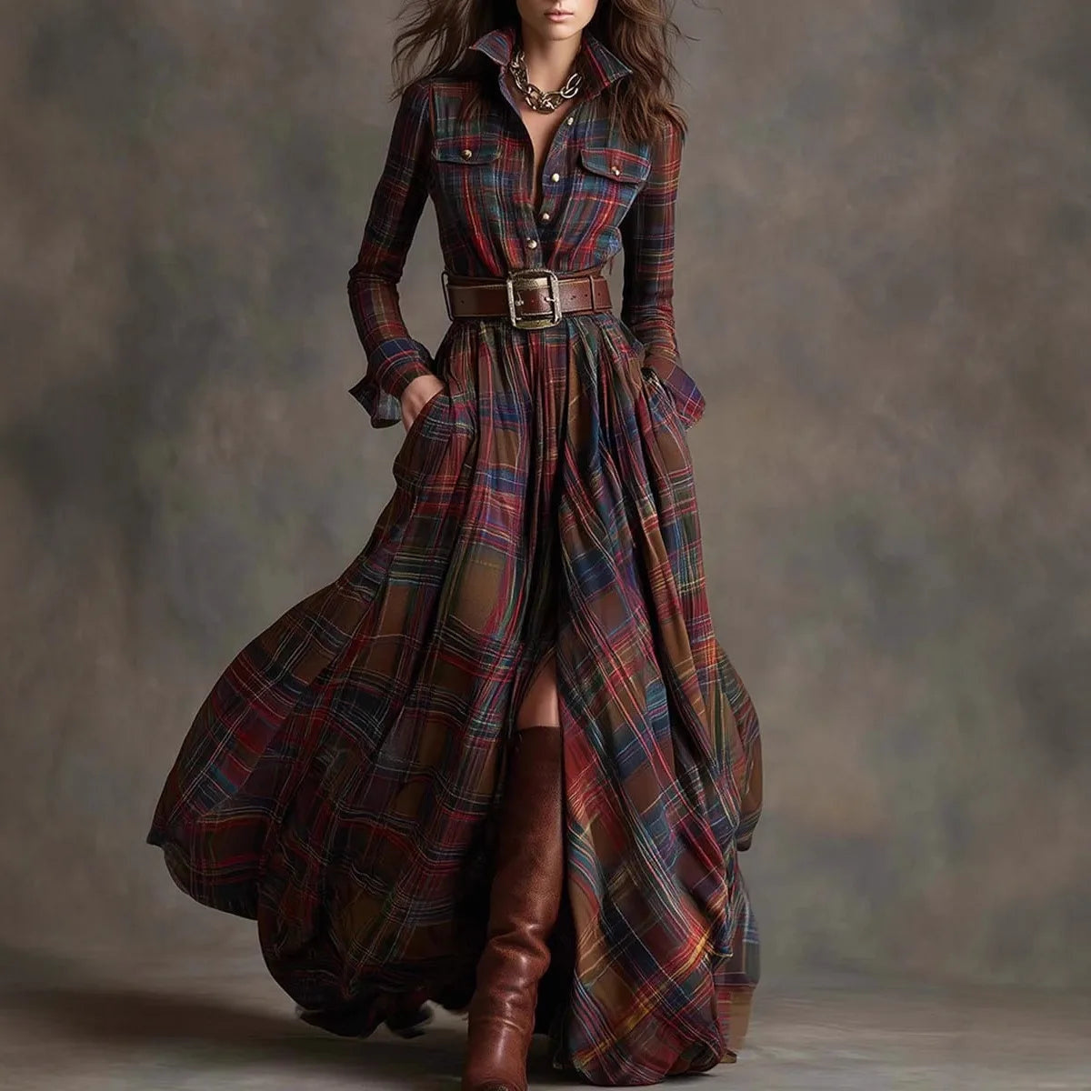 Women's Plaid Belted Long Shirt Dress with Chest Pockets - Dark Brown