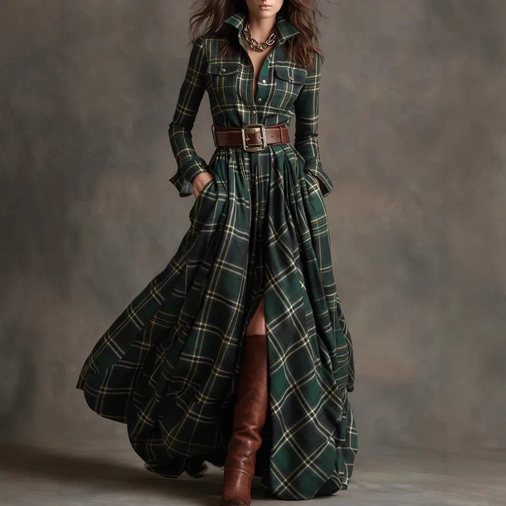 Women's Plaid Belted Long Shirt Dress with Chest Pockets - Green