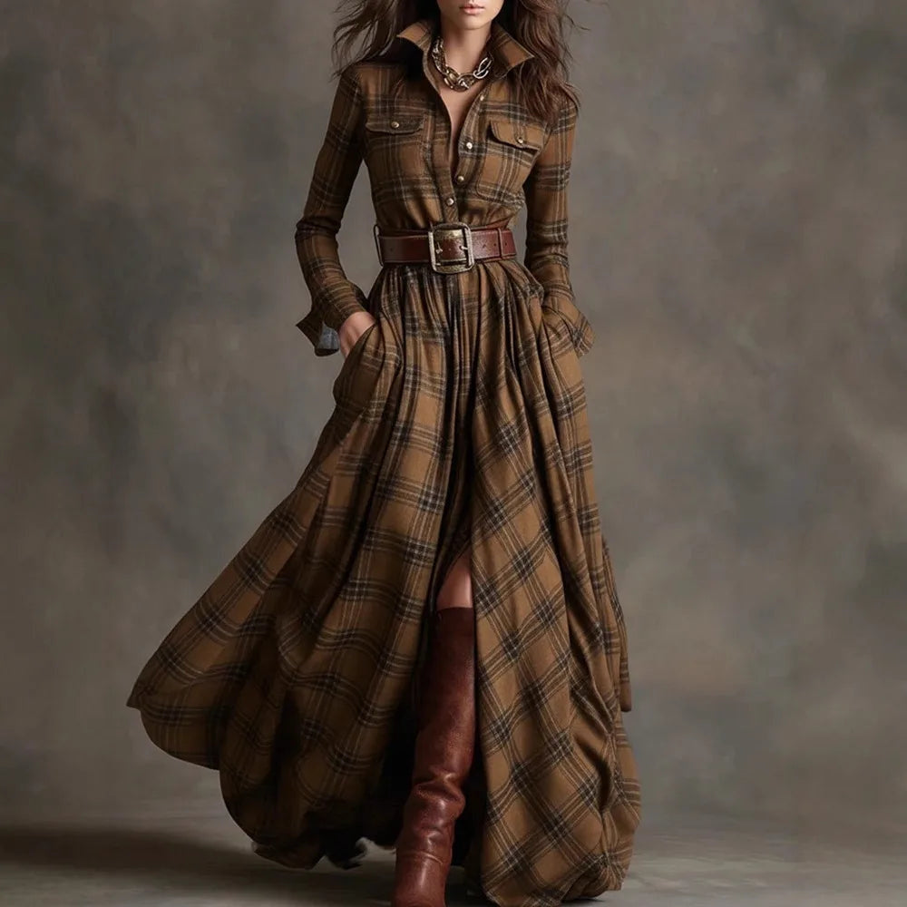 Women's Plaid Belted Long Shirt Dress with Chest Pockets - Brown