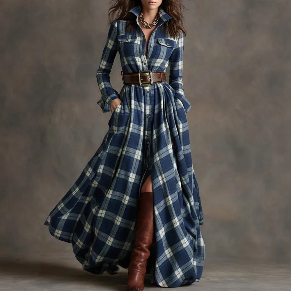 Women's Plaid Belted Long Shirt Dress with Chest Pockets - Blue
