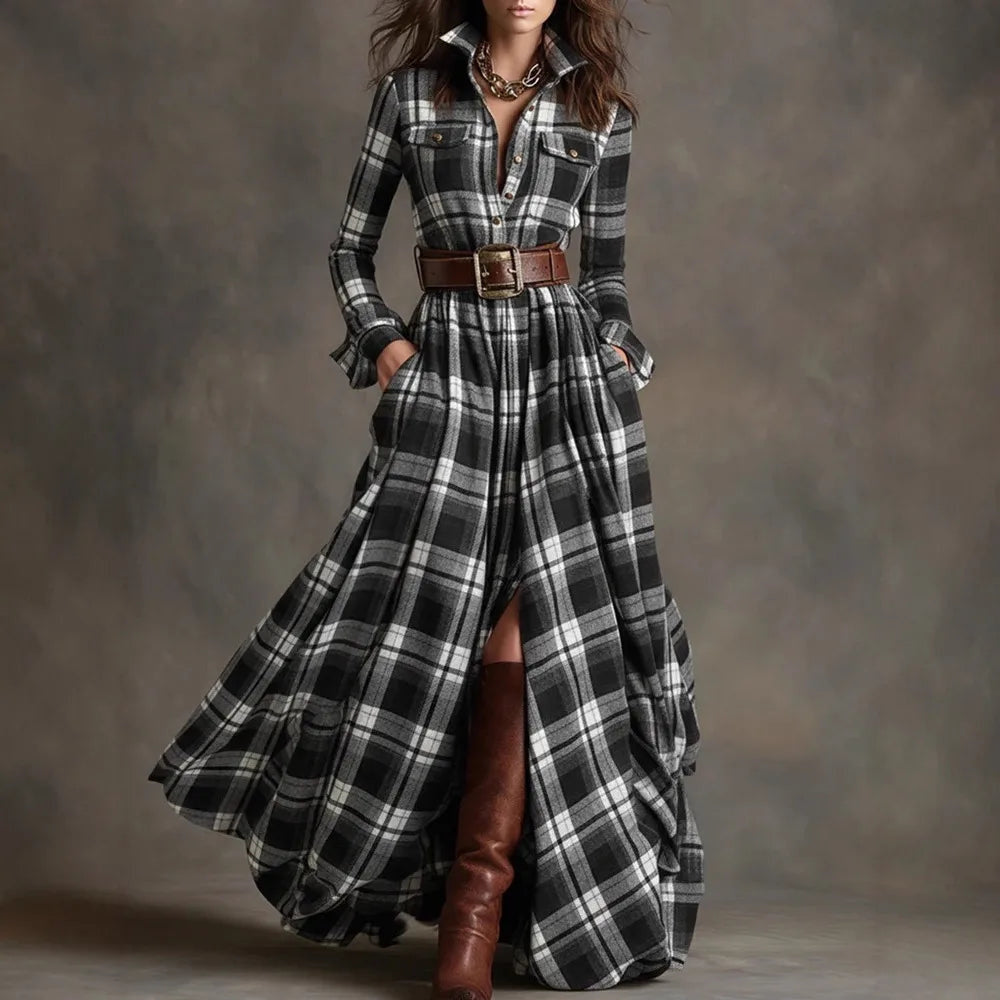 Women's Plaid Belted Long Shirt Dress with Chest Pockets - Black