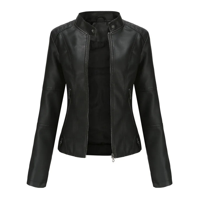 Women's Plain Zip Front Jacket with Stand Collar - Black