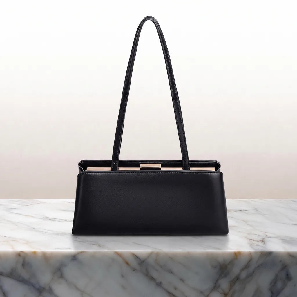 Women's Rectangular Shoulder Bag with Metal Frame Clasp - Black