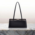 Women's Rectangular Shoulder Bag with Metal Frame Clasp - Black