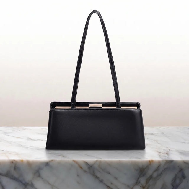 Women's Rectangular Shoulder Bag with Metal Frame Clasp - Black